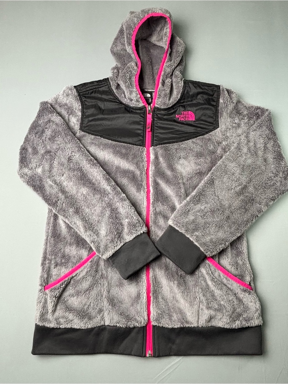 The North Face Gray Fuzzy Hooded Jacket with Pink Trim Girls Size XL 18